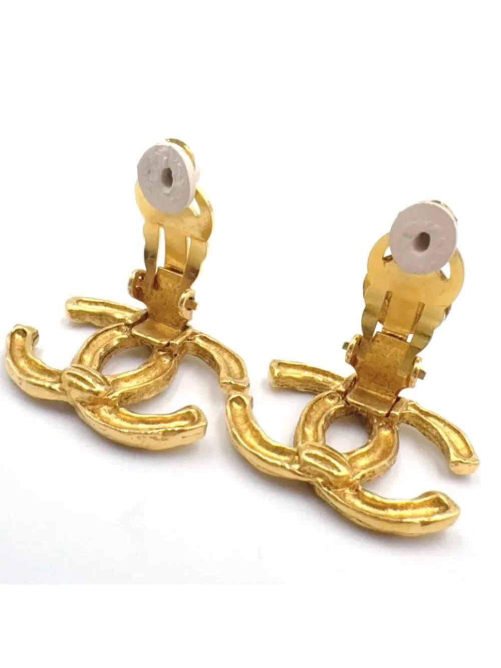 Chanel CC Logo Texture Gold Plated Earrings